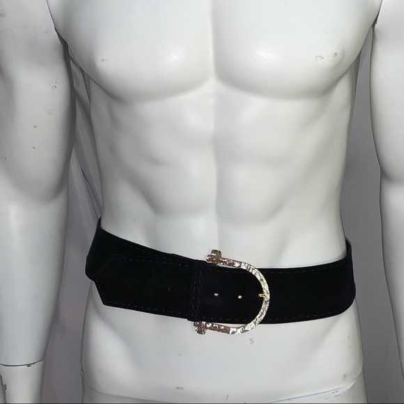 ALEXANDER McQUEEN size LARGE black suede wide belt w/mother of pearl buckle